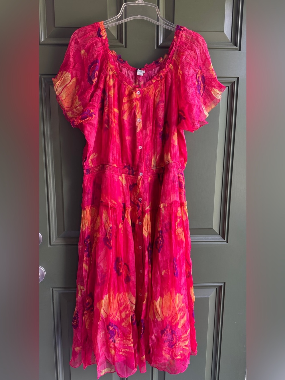 SUNDANCE Cressida Day Dress Vibrant Pink Floral Flutter Sleeves Size Large